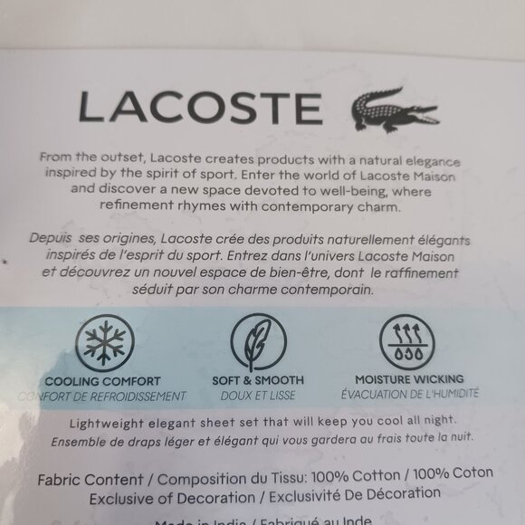 Lacoste Sheet Set White 4pcs Cooling Solid 100% Cotton size Queen - Picture 5 of 10